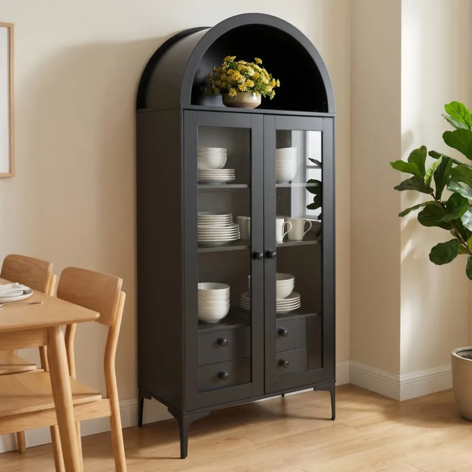 VEVOR Arched Display Cabinet with Glass Doors, 70 in Tall Curio Cabinet, 4-Tier Display Case with 2 Adjustable Shelves, Bookcase Bookshelf for Collectibles Storage Bedroom Living Room Office