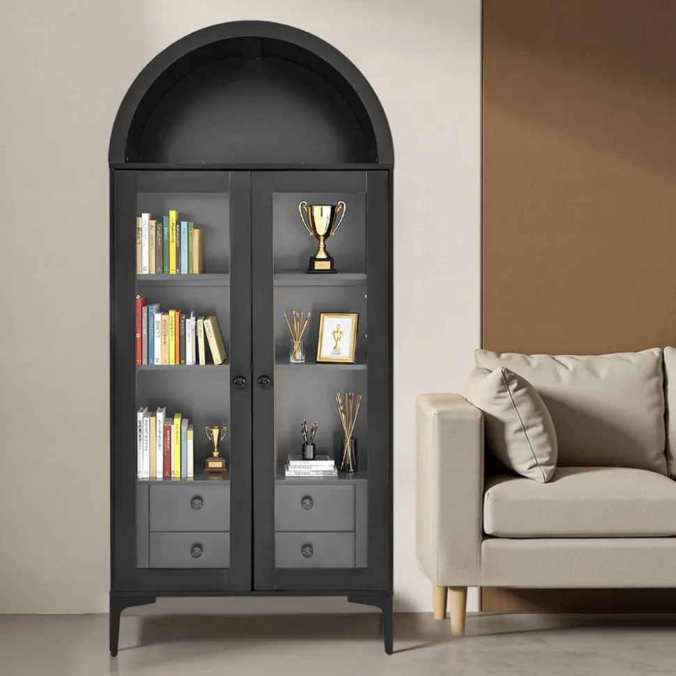 VEVOR Arched Display Cabinet with Glass Doors, 70 in Tall Curio Cabinet, 4-Tier Display Case with 2 Adjustable Shelves, Bookcase Bookshelf for Collectibles Storage Bedroom Living Room Office