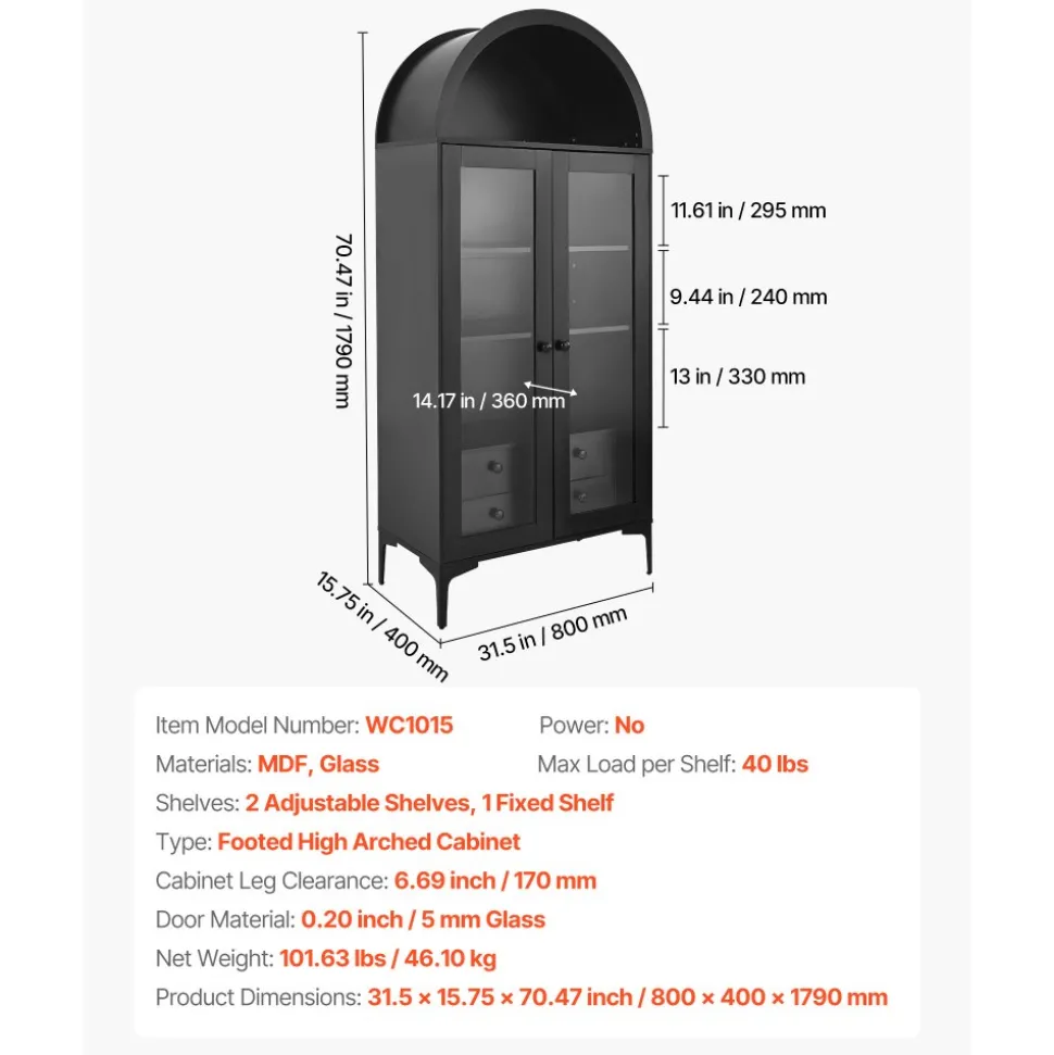 VEVOR Arched Display Cabinet with Glass Doors, 70 in Tall Curio Cabinet, 4-Tier Display Case with 2 Adjustable Shelves, Bookcase Bookshelf for Collectibles Storage Bedroom Living Room Office