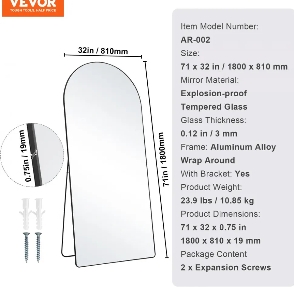 VEVOR Arched Full Length Mirror, 71'' x 32'', Large Free Standing Leaning Hanging Wall Mounted Floor Mirror with Stand Aluminum Alloy Frame, Full Body Dressing Mirror for Living Room Bedroom, Black