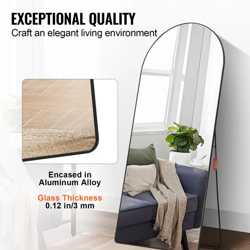 VEVOR Arched Full Length Mirror, 71'' x 32'', Large Free Standing Leaning Hanging Wall Mounted Floor Mirror with Stand Aluminum Alloy Frame, Full Body Dressing Mirror for Living Room Bedroom, Black