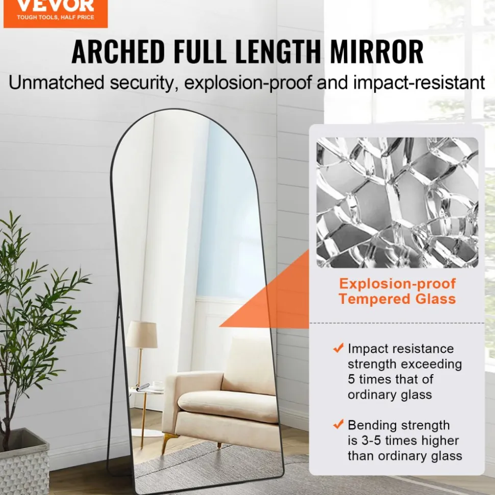 VEVOR Arched Full Length Mirror, 71'' x 32'', Large Free Standing Leaning Hanging Wall Mounted Floor Mirror with Stand Aluminum Alloy Frame, Full Body Dressing Mirror for Living Room Bedroom, Black