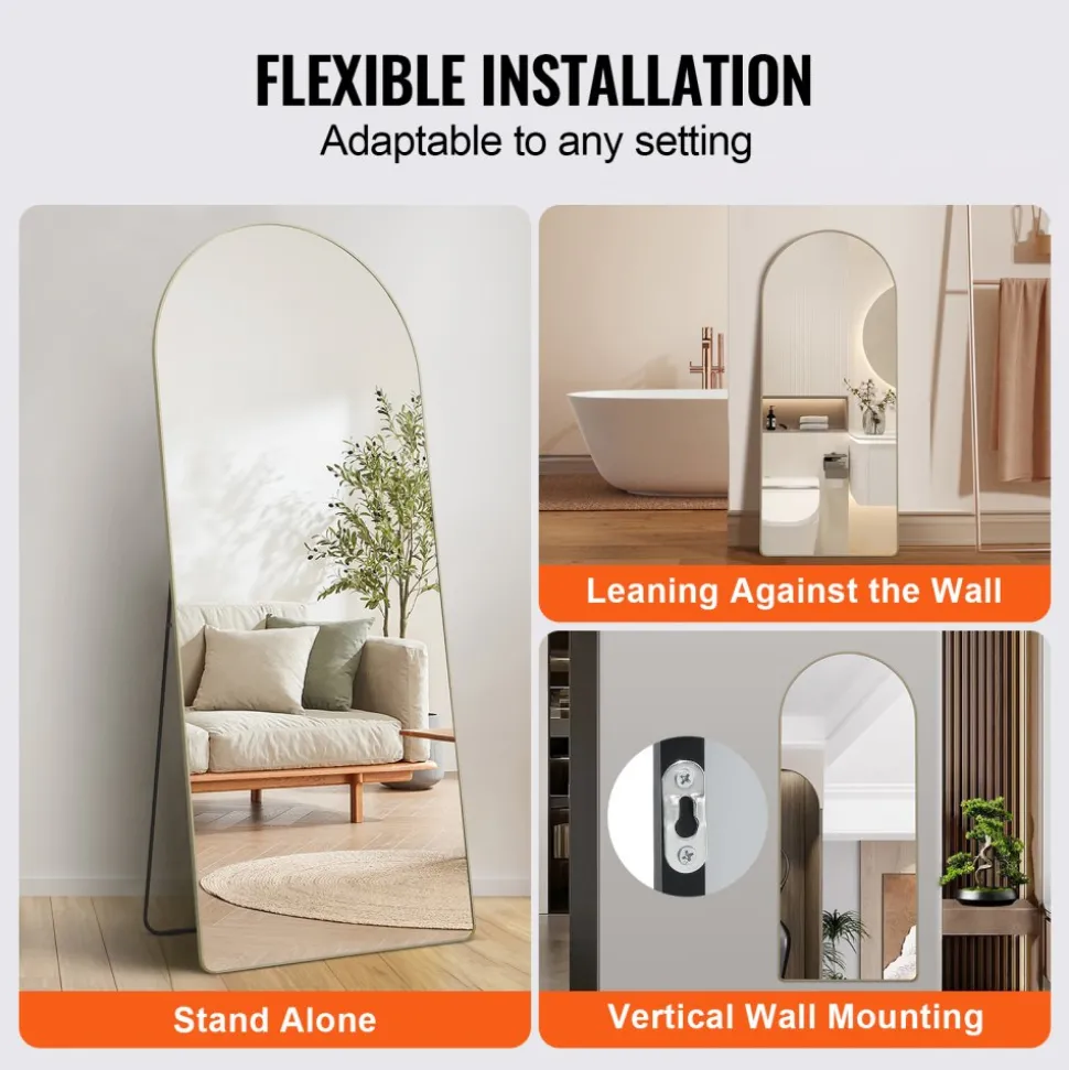 VEVOR Arched Full Length Mirror, 71'' x 30'', Large Free Standing Leaning Hanging Wall Mounted Floor Mirror with Stand Aluminum Alloy Frame, Full Body Dressing Mirror for Living Room Bedroom, Black
