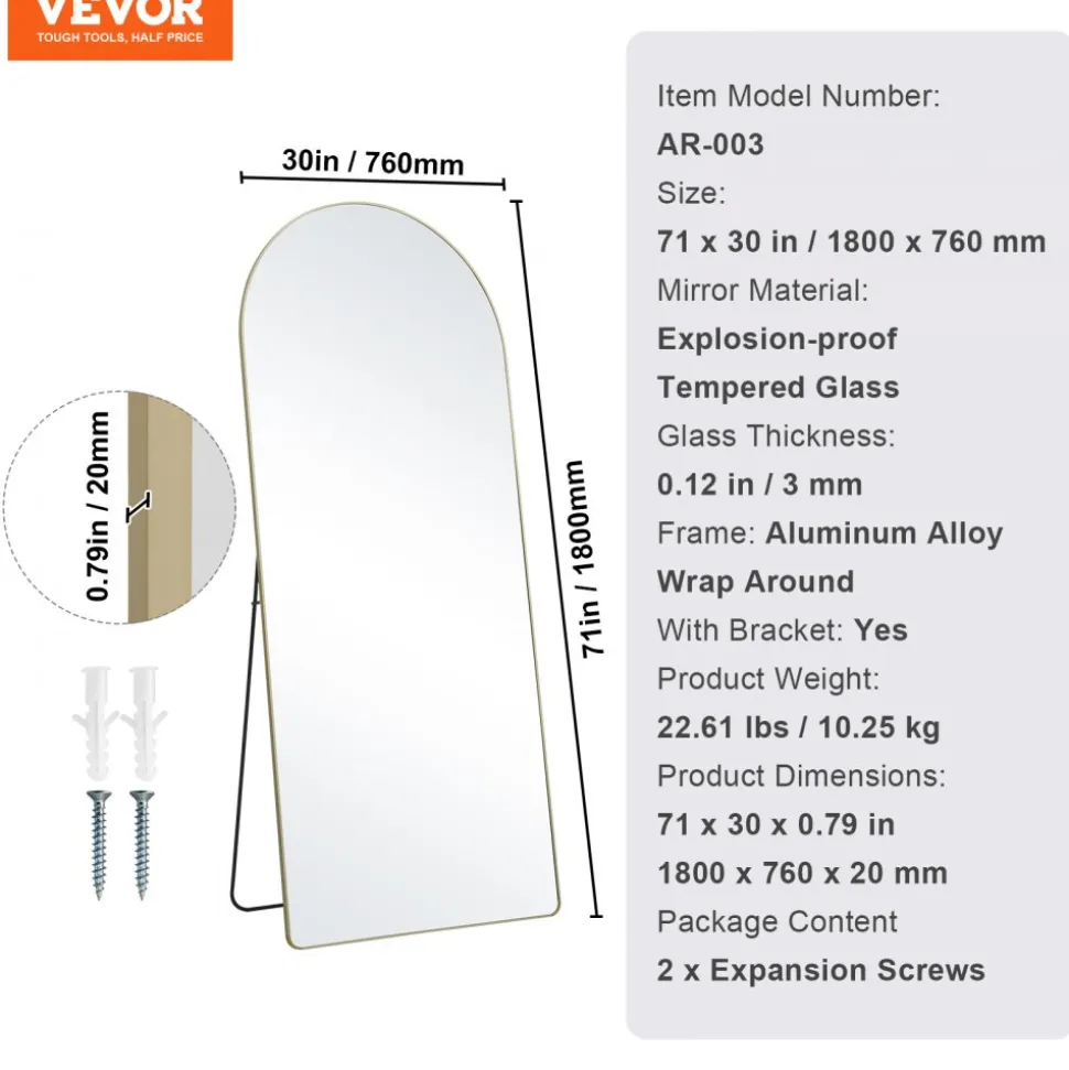 VEVOR Arched Full Length Mirror, 71'' x 30'', Large Free Standing Leaning Hanging Wall Mounted Floor Mirror with Stand Aluminum Alloy Frame, Full Body Dressing Mirror for Living Room Bedroom, Black