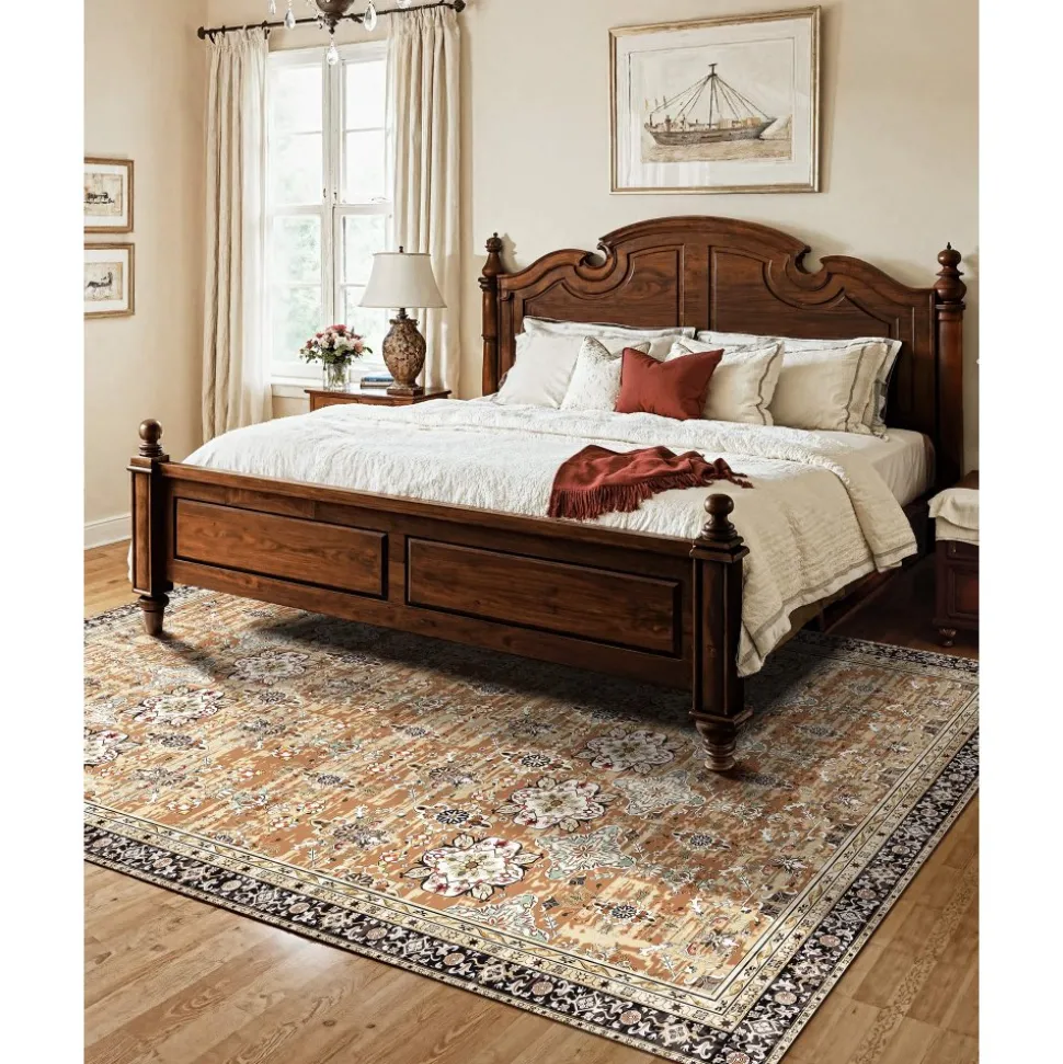 VEVOR Area Rug, 7.5 x 9.5 ft Large Washable Rug, Non-Slip and Tear-Resistant Soft Carpet, Pet & Child Friendly Vintage Area Rugs, Indoor Mat for Bedroom, Living Room, Office, Entryway, Brown Green