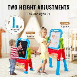 VEVOR Art Easel for Kids, 2-in-1 Double-Sided Kid's Art Easel with Magnetic Whiteboard & Chalkboard, Adjustable Standing Rotatable Removable Drawing Board with Painting Accessories for Boys and Girls