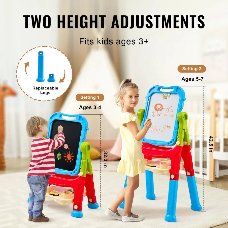 VEVOR Art Easel for Kids, 2-in-1 Double-Sided Kid's Art Easel with Magnetic Whiteboard & Chalkboard, Adjustable Standing Rotatable Removable Drawing Board with Painting Accessories for Boys and Girls