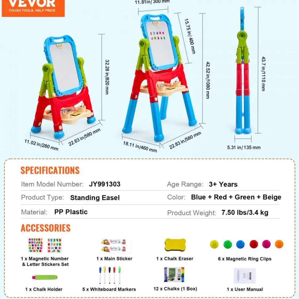VEVOR Art Easel for Kids, 2-in-1 Double-Sided Kid's Art Easel with Magnetic Whiteboard & Chalkboard, Adjustable Standing Rotatable Removable Drawing Board with Painting Accessories for Boys and Girls