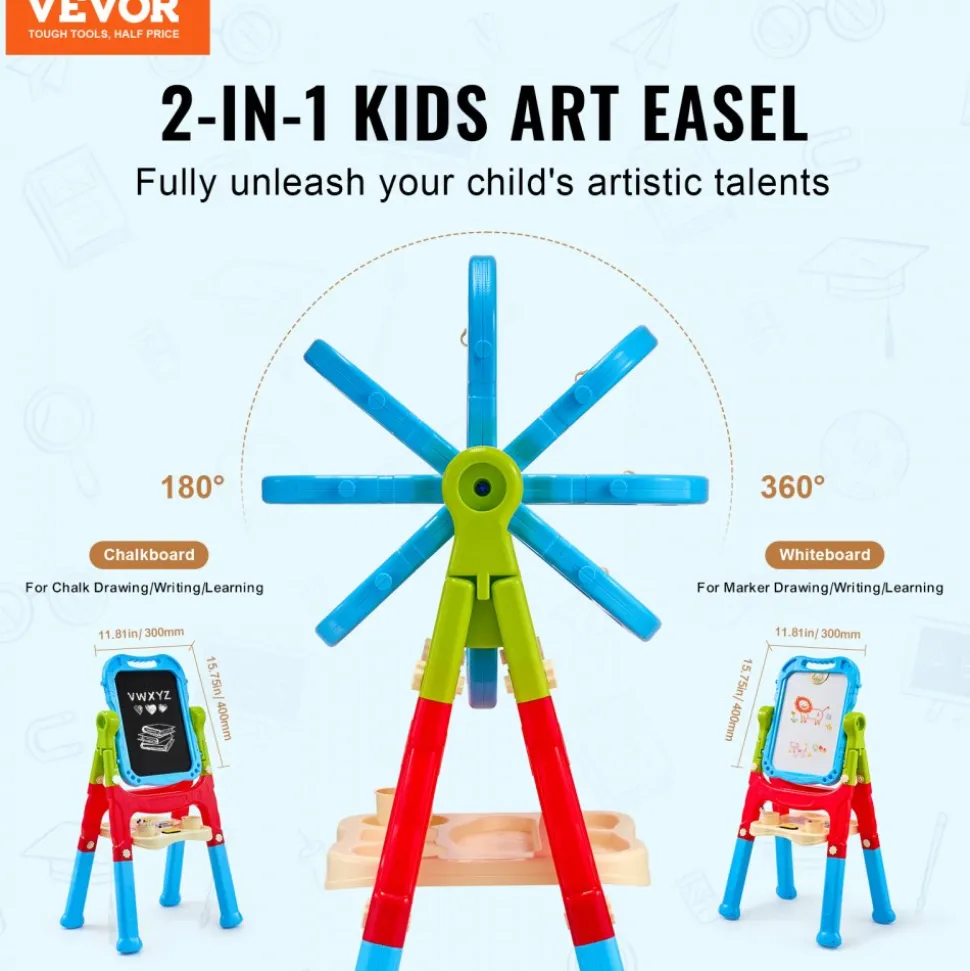 VEVOR Art Easel for Kids, 2-in-1 Double-Sided Kid's Art Easel with Magnetic Whiteboard & Chalkboard, Adjustable Standing Rotatable Removable Drawing Board with Painting Accessories for Boys and Girls