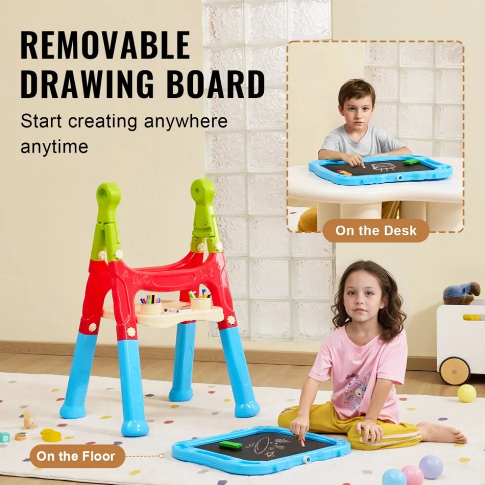 VEVOR Art Easel for Kids, 2-in-1 Double-Sided Kid's Art Easel with Magnetic Whiteboard & Chalkboard, Adjustable Standing Rotatable Removable Drawing Board with Painting Accessories for Boys and Girls