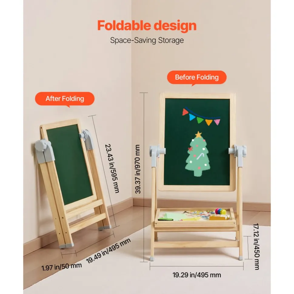 VEVOR Art Easel for Kids, 2-in-1 Wooden Double-Sided Kid's Art Easel with Magnetic Whiteboard & Chalkboard, Adjustable Standing Rotatable Foldable Drawing Board with Painting Accessories for Boy Girl
