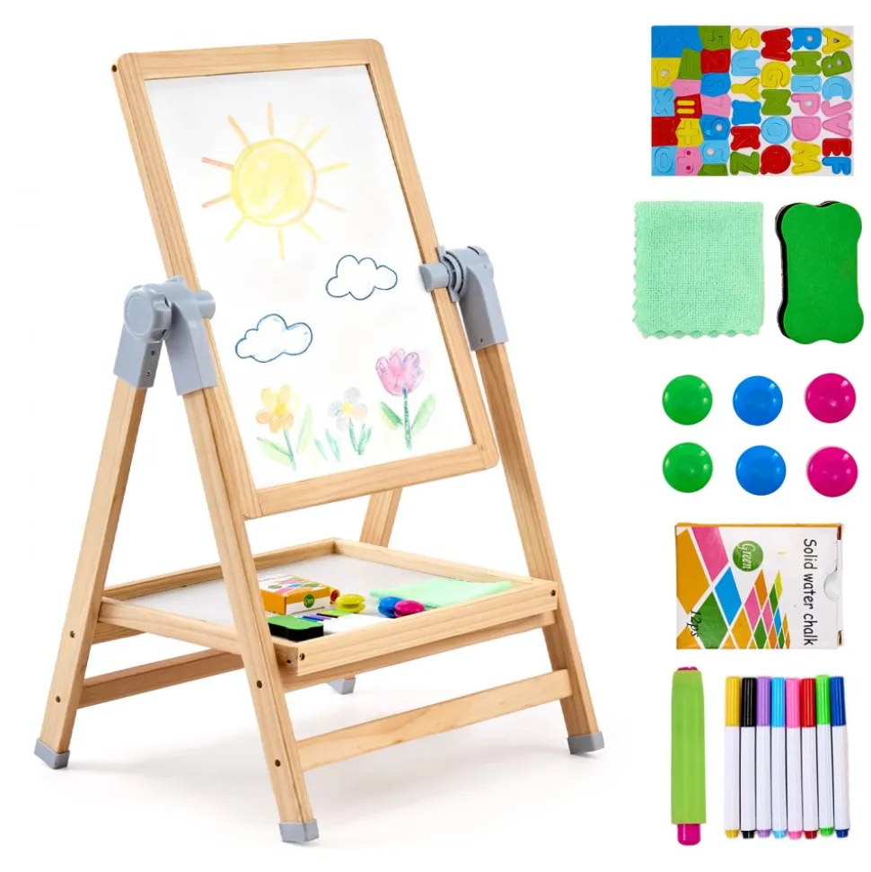 VEVOR Art Easel for Kids, 2-in-1 Wooden Double-Sided Kid's Art Easel with Magnetic Whiteboard & Chalkboard, Adjustable Standing Rotatable Foldable Drawing Board with Painting Accessories for Boy Girl