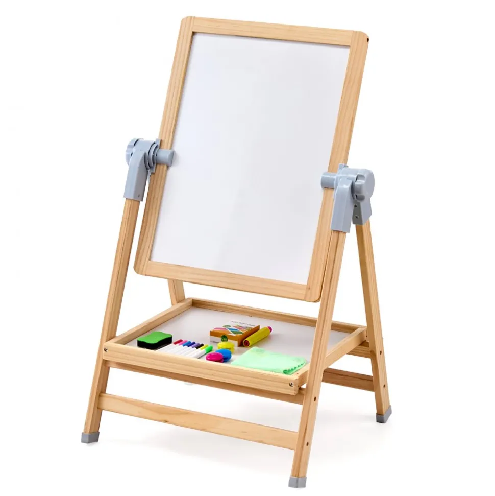 VEVOR Art Easel for Kids, 2-in-1 Wooden Double-Sided Kid's Art Easel with Magnetic Whiteboard & Chalkboard, Adjustable Standing Rotatable Foldable Drawing Board with Painting Accessories for Boy Girl