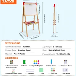 VEVOR Art Easel for Kids, 3-in-1 Wooden Double-Sided Kid's Art Easel with Magnetic Whiteboard, Chalkboard & Paper Roll, Adjustable Standing Drawing Board with Painting Accessories for Boys and Girls