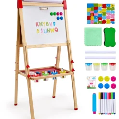 VEVOR Art Easel for Kids, 3-in-1 Wooden Double-Sided Kid's Art Easel with Magnetic Whiteboard, Chalkboard & Paper Roll, Adjustable Standing Drawing Board with Painting Accessories for Boys and Girls