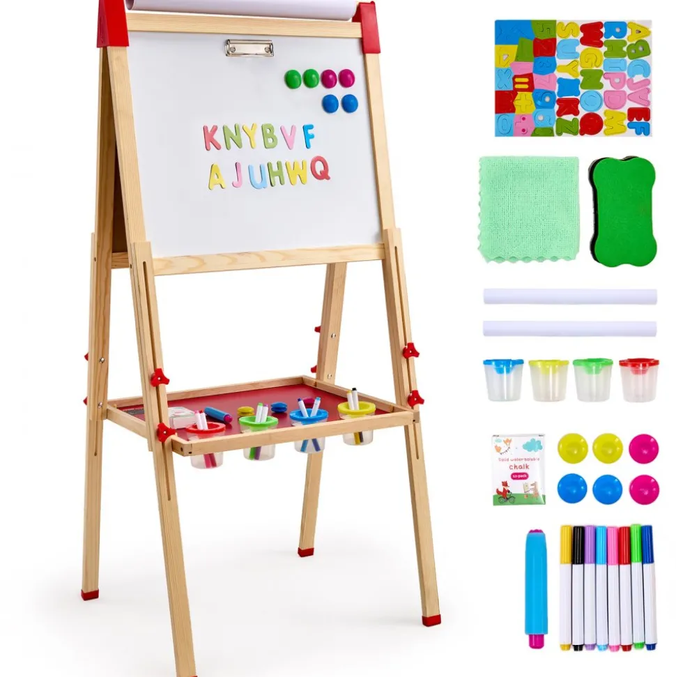VEVOR Art Easel for Kids, 3-in-1 Wooden Double-Sided Kid's Art Easel with Magnetic Whiteboard, Chalkboard & Paper Roll, Adjustable Standing Drawing Board with Painting Accessories for Boys and Girls