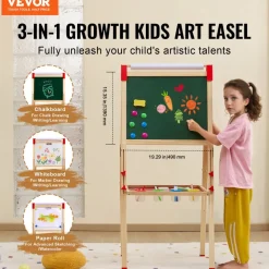 VEVOR Art Easel for Kids, 3-in-1 Wooden Double-Sided Kid's Art Easel with Magnetic Whiteboard, Chalkboard & Paper Roll, Adjustable Standing Drawing Board with Painting Accessories for Boys and Girls