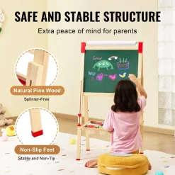 VEVOR Art Easel for Kids, 3-in-1 Wooden Double-Sided Kid's Art Easel with Magnetic Whiteboard, Chalkboard & Paper Roll, Adjustable Standing Drawing Board with Painting Accessories for Boys and Girls