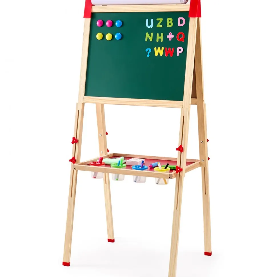 VEVOR Art Easel for Kids, 3-in-1 Wooden Double-Sided Kid's Art Easel with Magnetic Whiteboard, Chalkboard & Paper Roll, Adjustable Standing Drawing Board with Painting Accessories for Boys and Girls