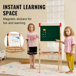 VEVOR Art Easel for Kids, 3-in-1 Wooden Double-Sided Kid's Art Easel with Magnetic Whiteboard, Chalkboard & Paper Roll, Adjustable Standing Drawing Board with Painting Accessories for Boys and Girls