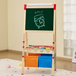 VEVOR Art Easel for Kids, 3-in-1 Wooden Double-Sided Kid's Art Easel with Magnetic Whiteboard, Chalkboard, Paper Roll, Adjustable Standing Drawing Board with Painting Accessories, Storage for Boy Girl