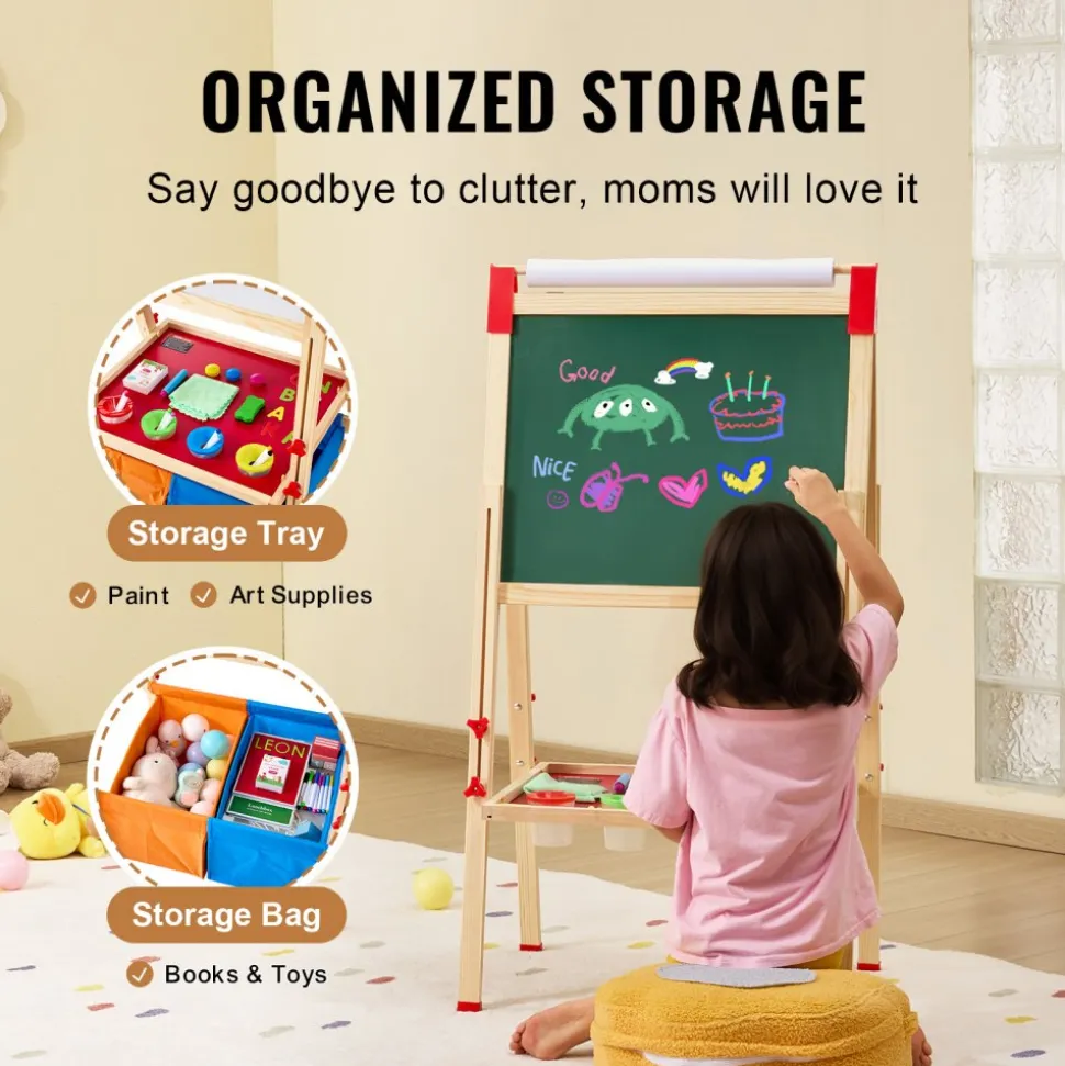 VEVOR Art Easel for Kids, 3-in-1 Wooden Double-Sided Kid's Art Easel with Magnetic Whiteboard, Chalkboard, Paper Roll, Adjustable Standing Drawing Board with Painting Accessories, Storage for Boy Girl