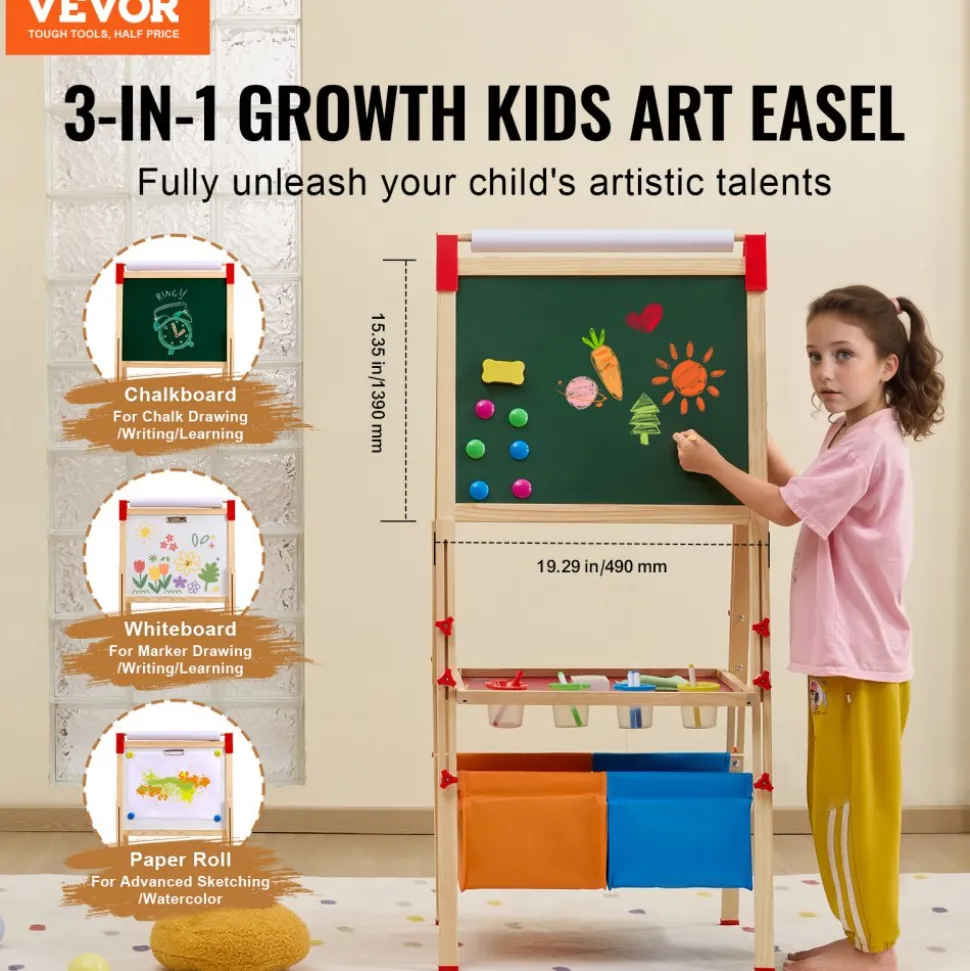 VEVOR Art Easel for Kids, 3-in-1 Wooden Double-Sided Kid's Art Easel with Magnetic Whiteboard, Chalkboard, Paper Roll, Adjustable Standing Drawing Board with Painting Accessories, Storage for Boy Girl