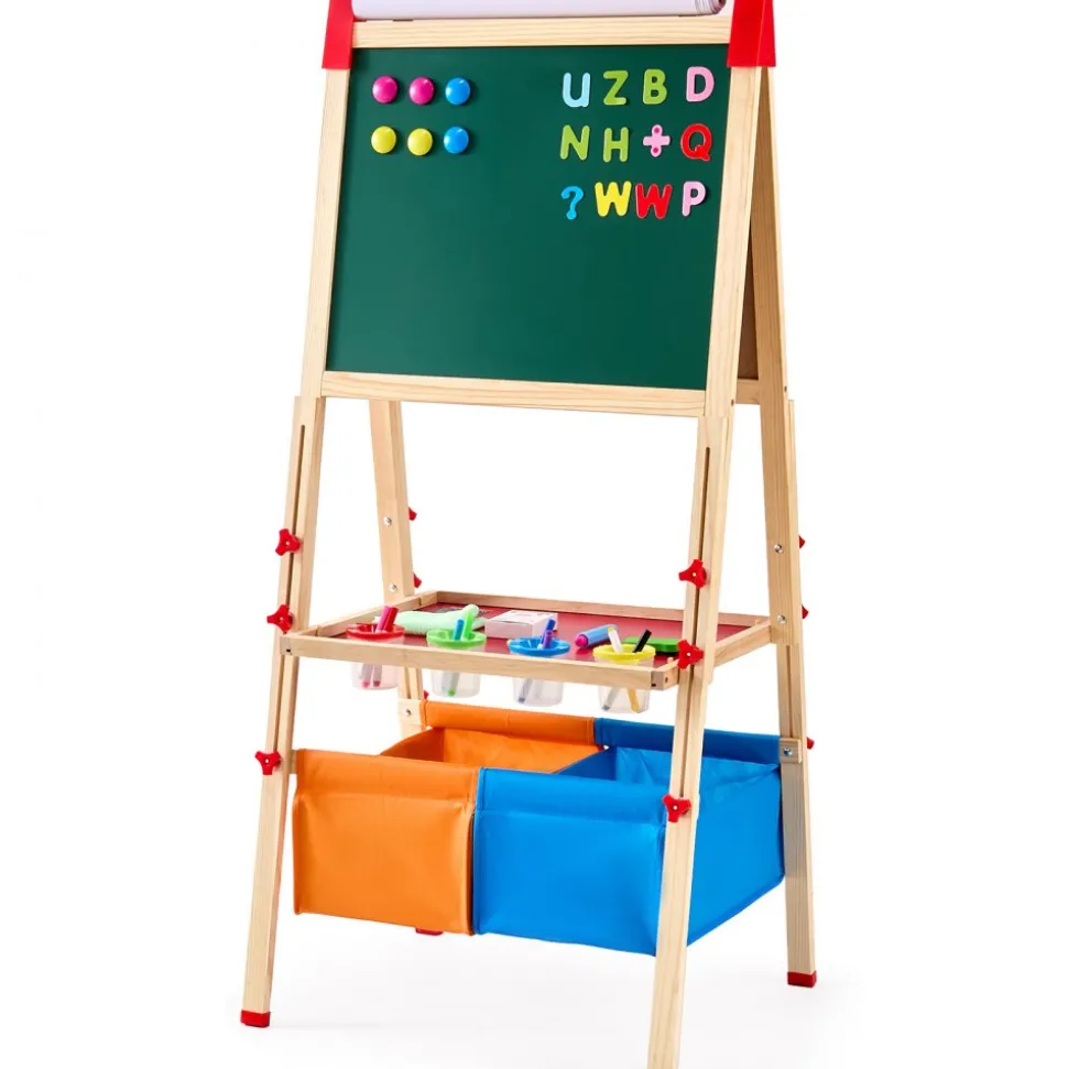VEVOR Art Easel for Kids, 3-in-1 Wooden Double-Sided Kid's Art Easel with Magnetic Whiteboard, Chalkboard, Paper Roll, Adjustable Standing Drawing Board with Painting Accessories, Storage for Boy Girl