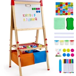 VEVOR Art Easel for Kids, 3-in-1 Wooden Double-Sided Kid's Art Easel with Magnetic Whiteboard, Chalkboard, Paper Roll, Adjustable Standing Drawing Board with Painting Accessories, Storage for Boy Girl