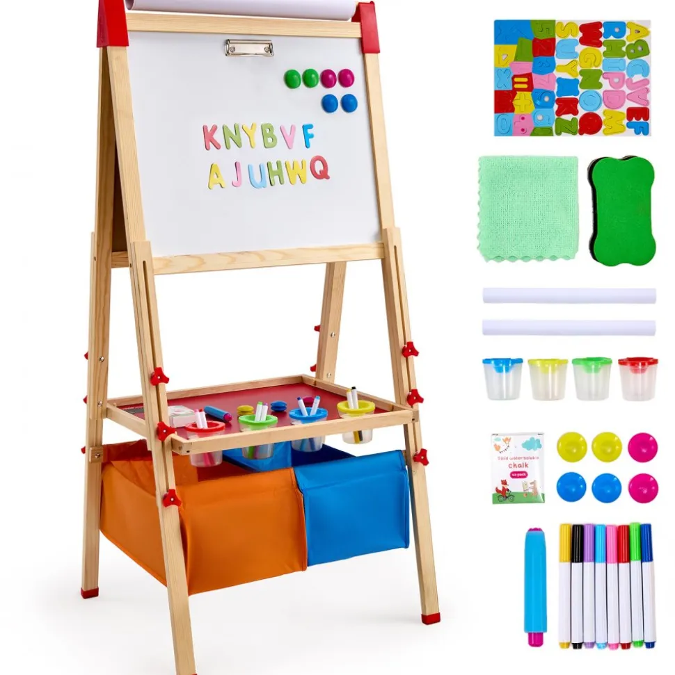 VEVOR Art Easel for Kids, 3-in-1 Wooden Double-Sided Kid's Art Easel with Magnetic Whiteboard, Chalkboard, Paper Roll, Adjustable Standing Drawing Board with Painting Accessories, Storage for Boy Girl