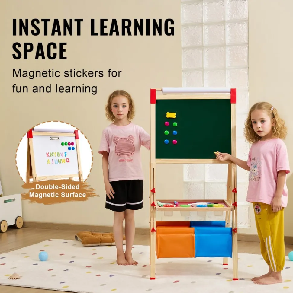 VEVOR Art Easel for Kids, 3-in-1 Wooden Double-Sided Kid's Art Easel with Magnetic Whiteboard, Chalkboard, Paper Roll, Adjustable Standing Drawing Board with Painting Accessories, Storage for Boy Girl