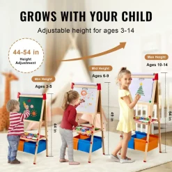VEVOR Art Easel for Kids, 3-in-1 Wooden Double-Sided Kid's Art Easel with Magnetic Whiteboard, Chalkboard, Paper Roll, Adjustable Standing Drawing Board with Painting Accessories, Storage for Boy Girl