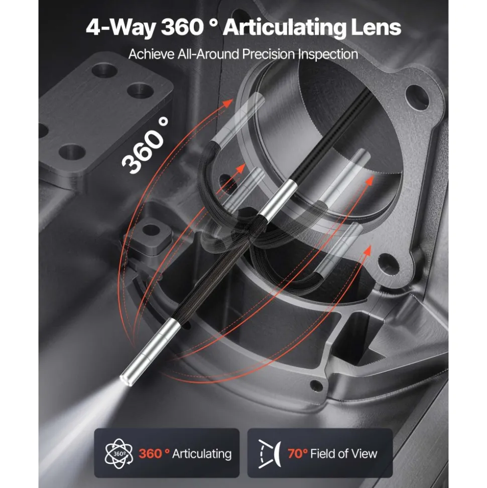VEVOR Articulating Borescope with 0.15" Ultra Slim Lens, 4-Way 360° Articulated Endoscope Camera with Light, 6" HD IPS Screen, 8X Zoom, 7000mAh Inspection Camera for Auto & Tight Mechanical Spaces