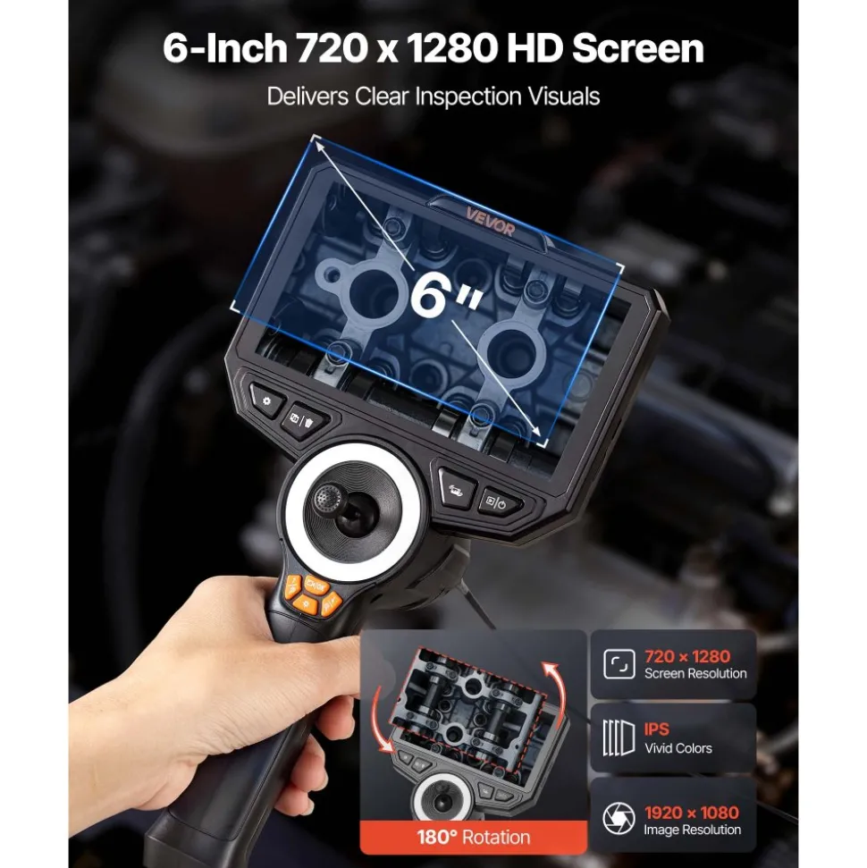 VEVOR Articulating Borescope with 0.15" Ultra Slim Lens, 4-Way 360° Articulated Endoscope Camera with Light, 6" HD IPS Screen, 8X Zoom, 7000mAh Inspection Camera for Auto & Tight Mechanical Spaces