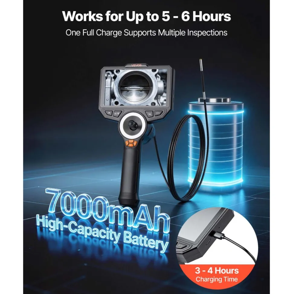 VEVOR Articulating Borescope with 0.15" Ultra Slim Lens, 4-Way 360° Articulated Endoscope Camera with Light, 6" HD IPS Screen, 8X Zoom, 7000mAh Inspection Camera for Auto & Tight Mechanical Spaces