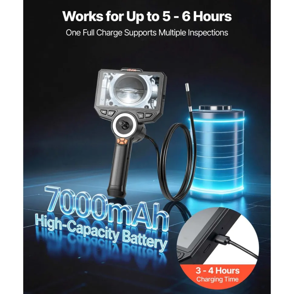 VEVOR Articulating Endoscope with Light, 4-Way 360° Articulated Borescope Camera, 6" HD IPS Screen, 1920 x 1080 Lens, 8X Zoom, 7000mAh Battery, IP67 Waterproof for Auto, Plumbing (4.9FT Snake Cable)