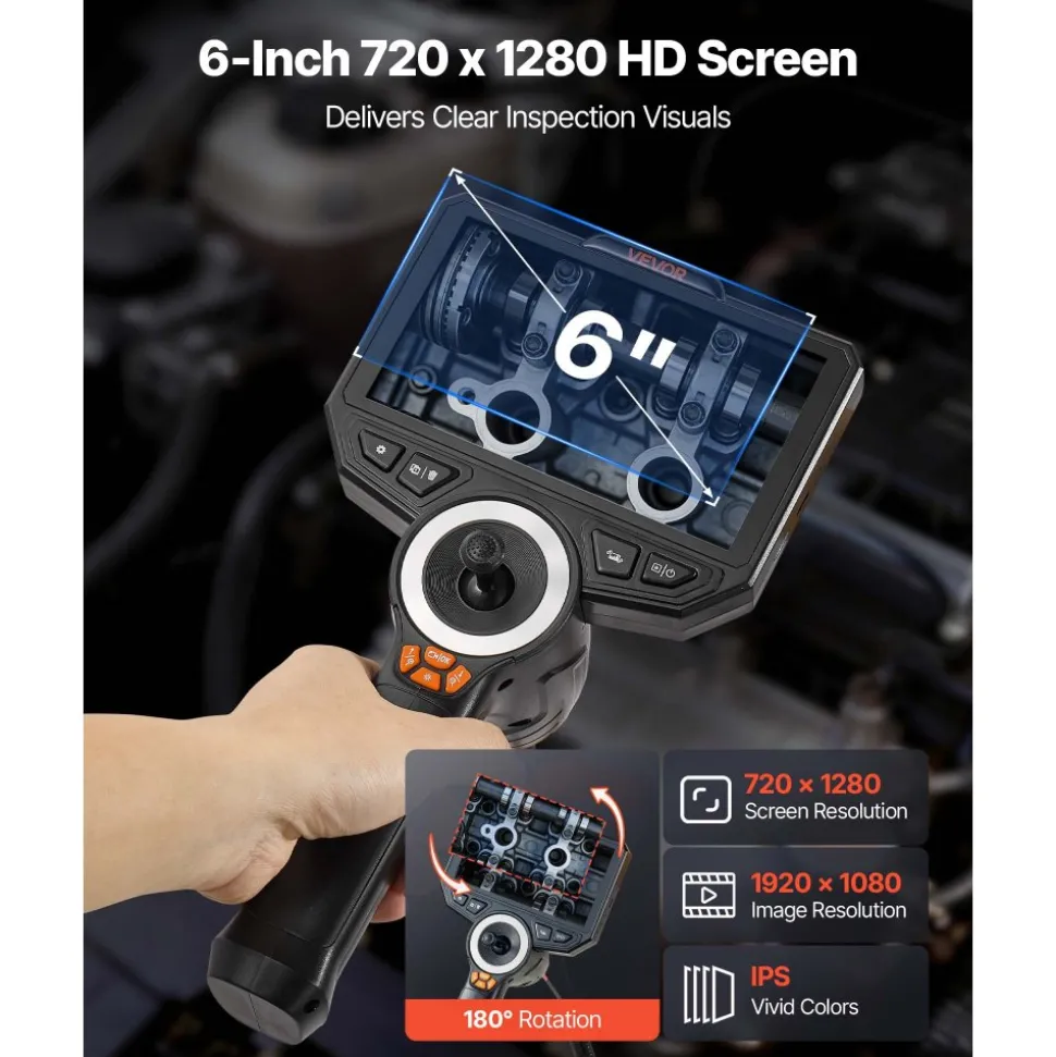 VEVOR Articulating Endoscope with Light, 4-Way 360° Articulated Borescope Camera, 6" HD IPS Screen, 1920 x 1080 Lens, 8X Zoom, 7000mAh Battery, IP67 Waterproof for Auto, Plumbing (4.9FT Snake Cable)