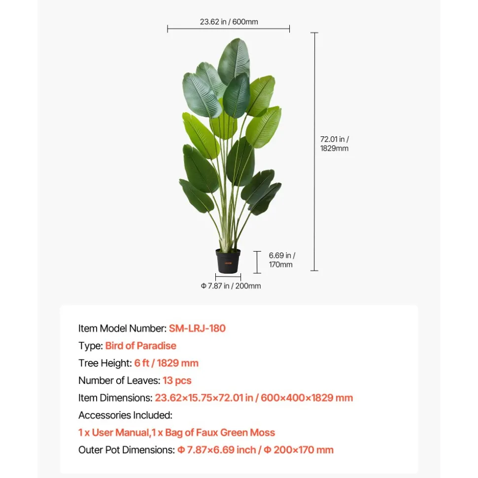 VEVOR Artificial Bird of Paradise 6 ft Tall, Fake Tropical Plants with with 13 Trunks & White Pot, Faux Floor Silk Tree, Large Trees for Home Office Living Room Decor House Warming, Indoor Outdoor