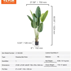 VEVOR Artificial Birds Of Paradise Tree, 5 FT Tall Faux Plant, PE Material & Anti-Tip Tilt Protection Low-Maintenance Plant, Lifelike Green Fake Tree for Home Office Warehouse Decor Indoor Outdoor