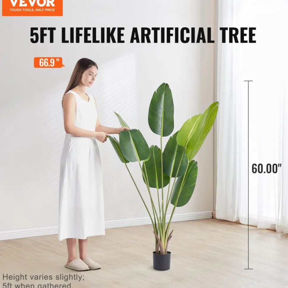 VEVOR Artificial Birds Of Paradise Tree, 5 FT Tall Faux Plant, PE Material & Anti-Tip Tilt Protection Low-Maintenance Plant, Lifelike Green Fake Tree for Home Office Warehouse Decor Indoor Outdoor