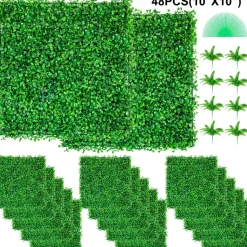 VEVOR Artificial Boxwood Panel UV 48pcs Boxwood Hedge Wall Panels Artificial Grass Backdrop Wall 10X10