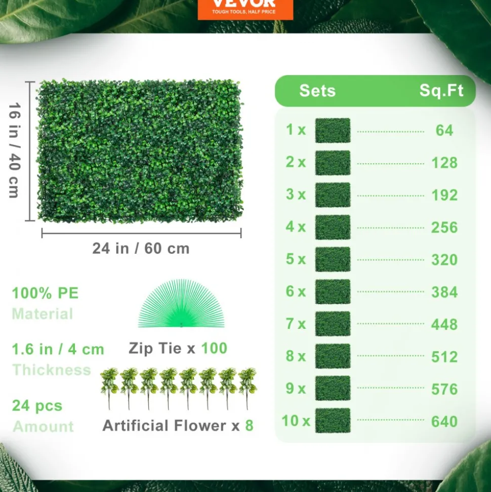 VEVOR Artificial Boxwood Panel UV 24pcs Boxwood Hedge Wall Panels Artificial Grass Backdrop Wall 24" X 16" 4 cm Green Grass Wall, Fake Hedge for Decor Privacy Fence Indoor, Outdoor Garden Backyard