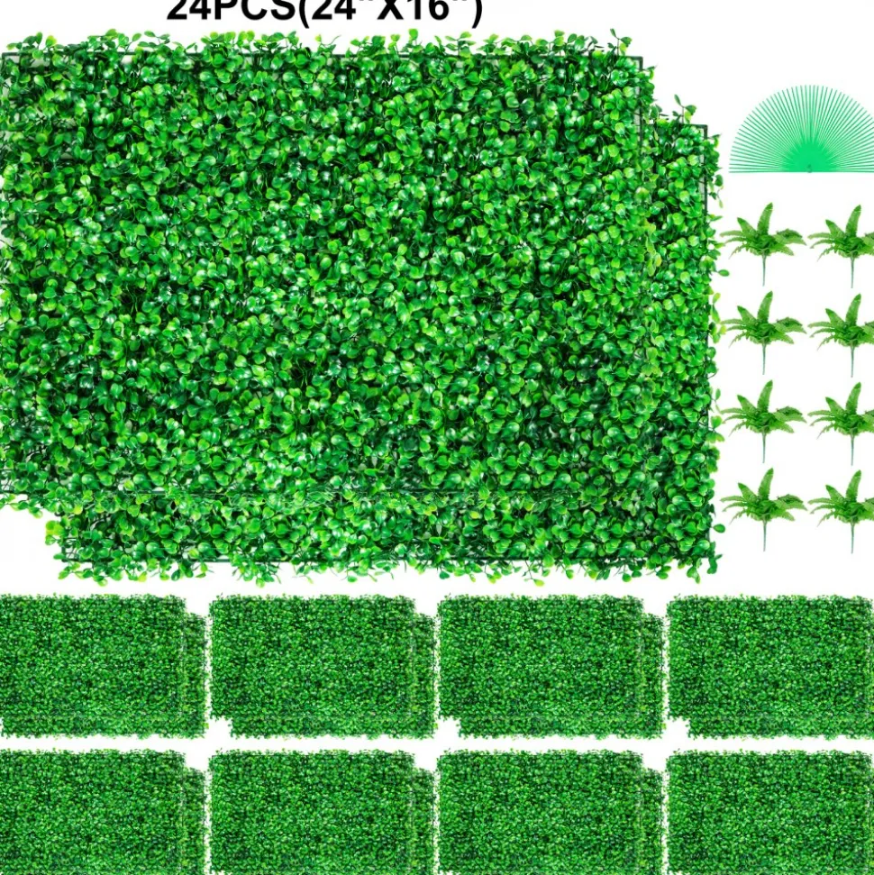 VEVOR Artificial Boxwood Panel UV 24pcs Boxwood Hedge Wall Panels Artificial Grass Backdrop Wall 24" X 16" 4 cm Green Grass Wall, Fake Hedge for Decor Privacy Fence Indoor, Outdoor Garden Backyard