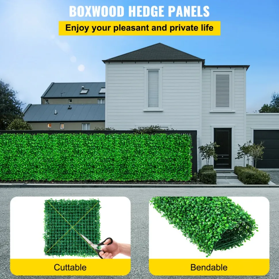 VEVOR Artificial Boxwood Panel UV 24pcs Boxwood Hedge Wall Panels Artificial Grass Backdrop Wall 10" X 10" 4 cm Green Grass Wall, Fake Hedge for Decor Privacy Fence Indoor, Outdoor Garden Backyard