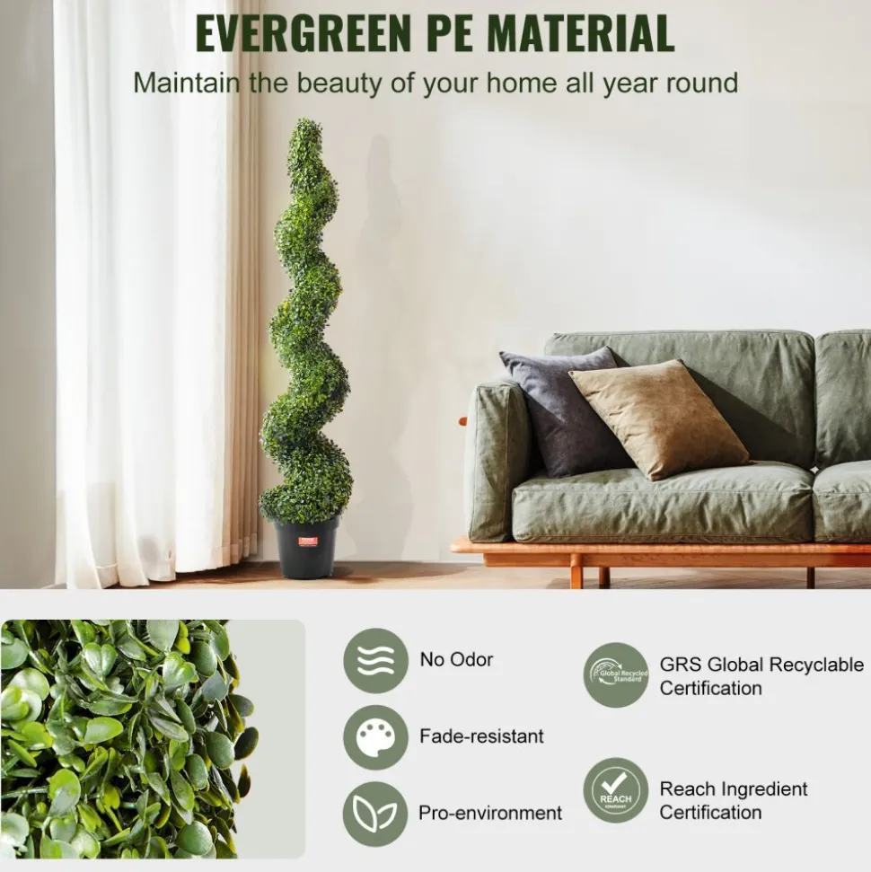 VEVOR Artificial Boxwood Topiary Tree, 60 inch Tall (2 Pieces), Spiral Faux Topiary Trees, Faux Plant w/ Extra Leaves & Pot & Small Decoration, UV Rated Greenery Set for Home Decor Indoor/Outdoor