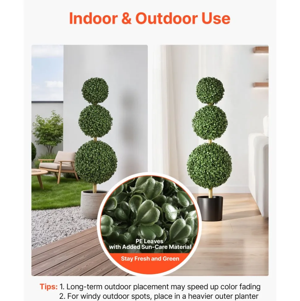 VEVOR Artificial Boxwood Topiary Triple Ball 3 Ft Set of 2 Greenery Decor, Premium PE Fake Trees, Year-Round Indoor & Outdoor Faux Green Plant for Front Door, Entryway, Porch, Balcony, Patio, Garden