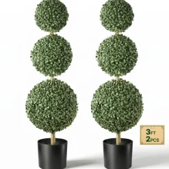 VEVOR Artificial Boxwood Topiary Triple Ball 3 Ft Set of 2 Greenery Decor, Premium PE Fake Trees, Year-Round Indoor & Outdoor Faux Green Plant for Front Door, Entryway, Porch, Balcony, Patio, Garden