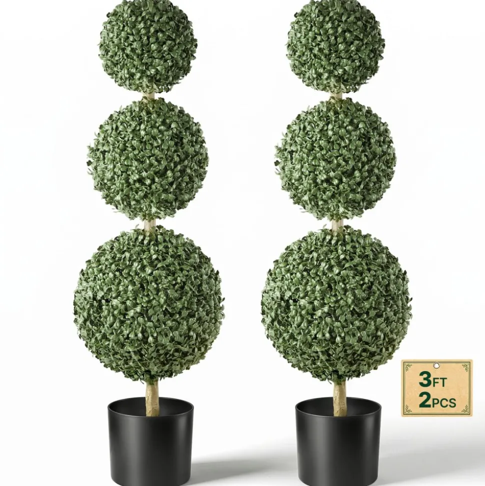 VEVOR Artificial Boxwood Topiary Triple Ball 3 Ft Set of 2 Greenery Decor, Premium PE Fake Trees, Year-Round Indoor & Outdoor Faux Green Plant for Front Door, Entryway, Porch, Balcony, Patio, Garden