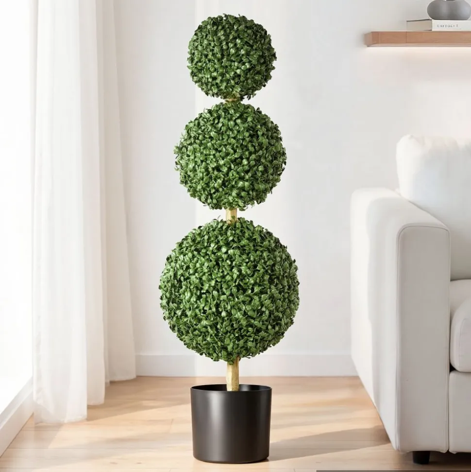 VEVOR Artificial Boxwood Topiary Triple Ball 3 Ft Set of 2 Greenery Decor, Premium PE Fake Trees, Year-Round Indoor & Outdoor Faux Green Plant for Front Door, Entryway, Porch, Balcony, Patio, Garden