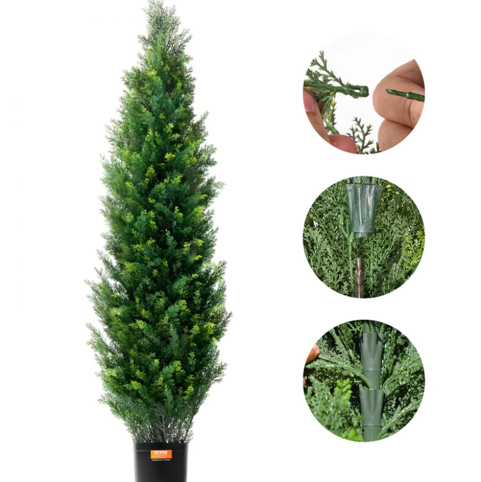 VEVOR Artificial Cedar Topiary Tree, 60 inch Tall (2 Pieces), with Extra Leaves & Pot Faux Evergreen Fake Pine Cypress Trees Plant, UV Rated Artificial Greenery Set for Home Decor Indoor/Outdoor